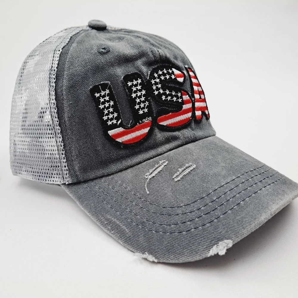 Patriotic USA Embroidered Patch Ponytail Hat Cap Mesh Net Stars Gray Rel…